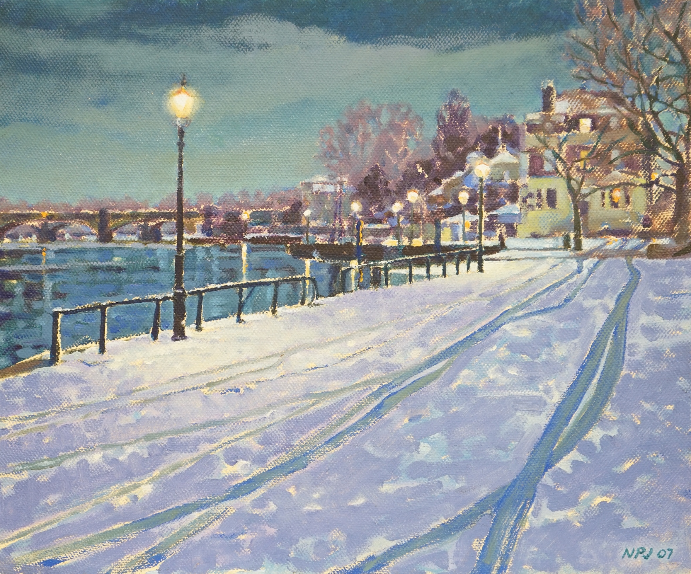 Nancy Petley-Jones (b.1953), oil on canvas, ‘Richmond in the Snow’, signed with initials and dated ‘07, inscribed verso, 25 x 30cm, unframed. Condition - good